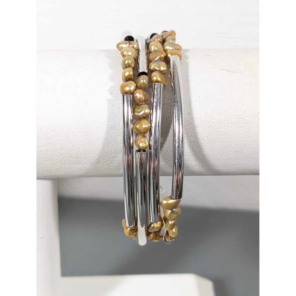 Vintage Golden Pearl Silver Tone Tube Wrap Bracelet 7 in Modernist Statement